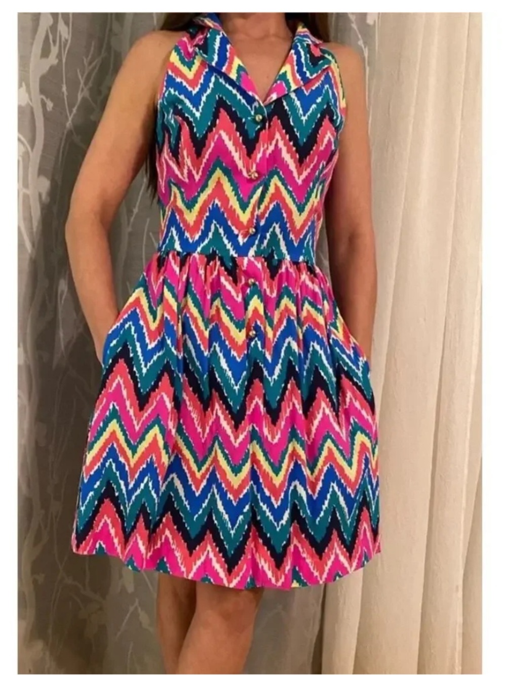 Lilly Pulitzer Sherlyn Dress Sleeveless Hearts A Flutter Sz 4 Pockets Chevron
